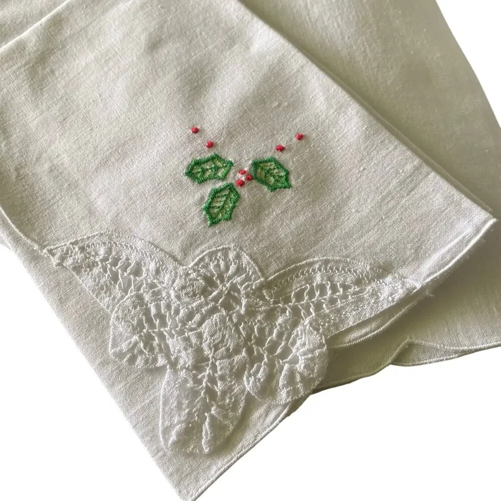SET OF 3 Vintage Hand Stitched Embroidered Napkins & Crochet Corners 15.5 x 15.5